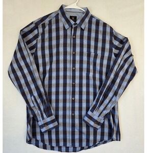 Marcello Sport Modern Fit Button Down Shirt L Blue Grey Check 100% Cotton Dobby